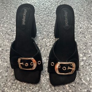Black Jeffrey Campbell buckle mule heels